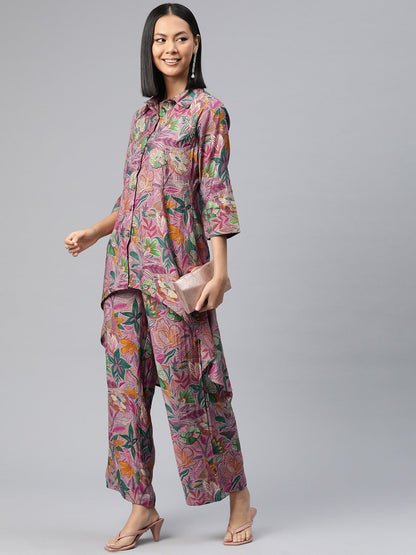 Asymmetrical Style Silk Fabric Violet Color Floral Printed Kurta And Bottom