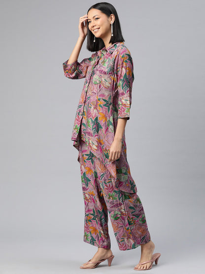 Asymmetrical Style Silk Fabric Violet Color Floral Printed Kurta And Bottom