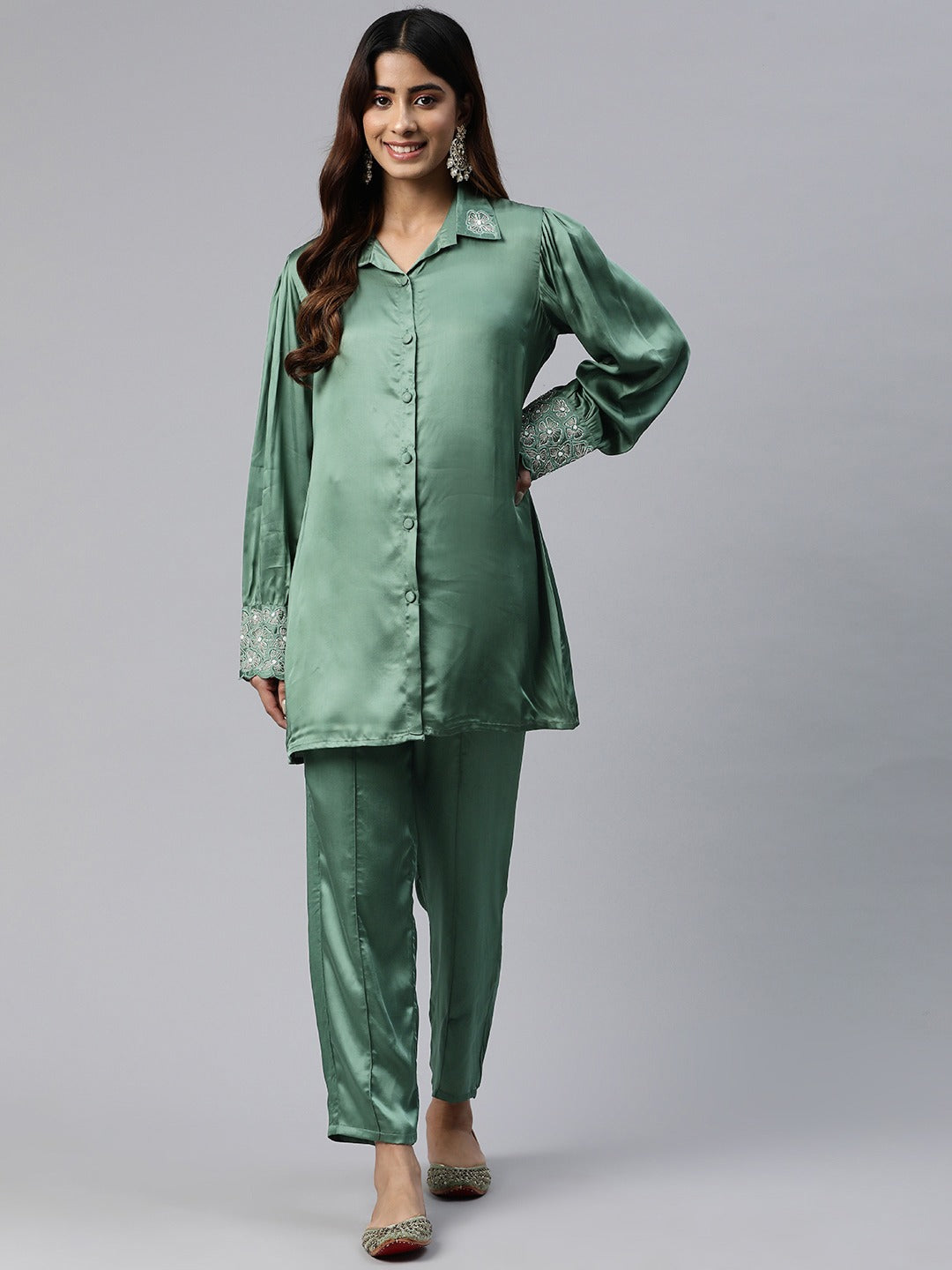 Shirt Style Silk Fabric Green Color Beads & Cut Dana Work Kurta And Bottom