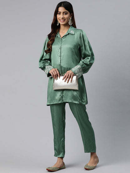 Shirt Style Silk Fabric Green Color Beads & Cut Dana Work Kurta And Bottom