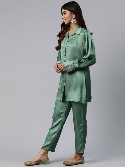 Shirt Style Silk Fabric Green Color Beads & Cut Dana Work Kurta And Bottom