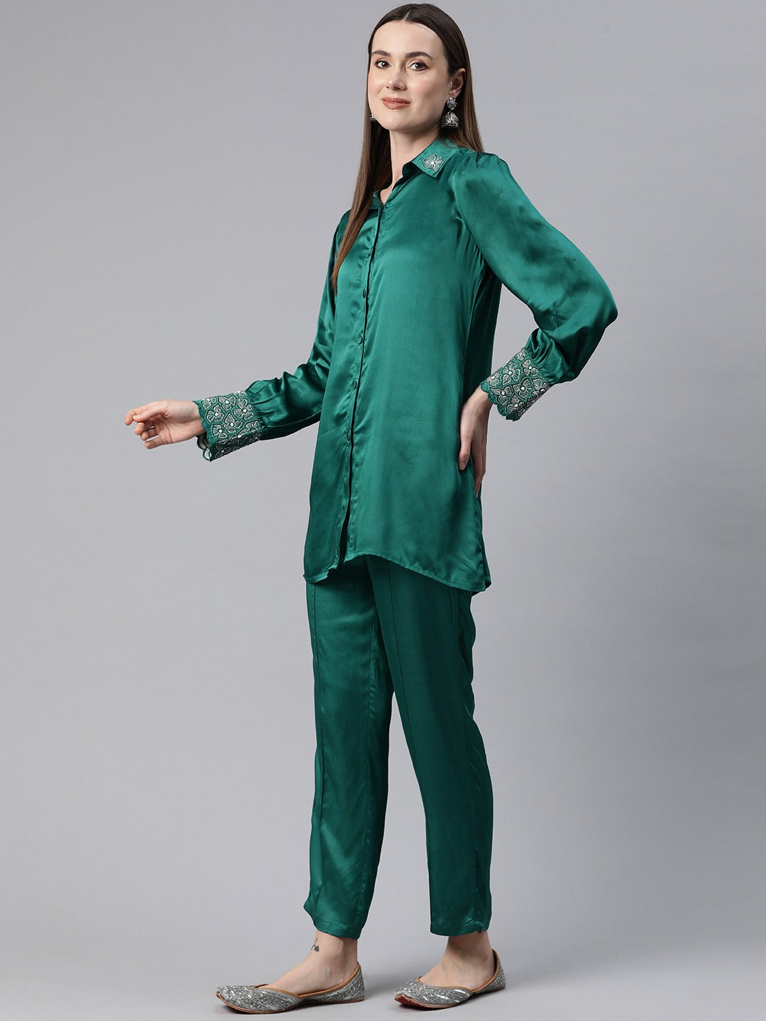 Shirt Style Silk Fabric Teal Color Beads & Cut Dana Work Kurta And Bottom