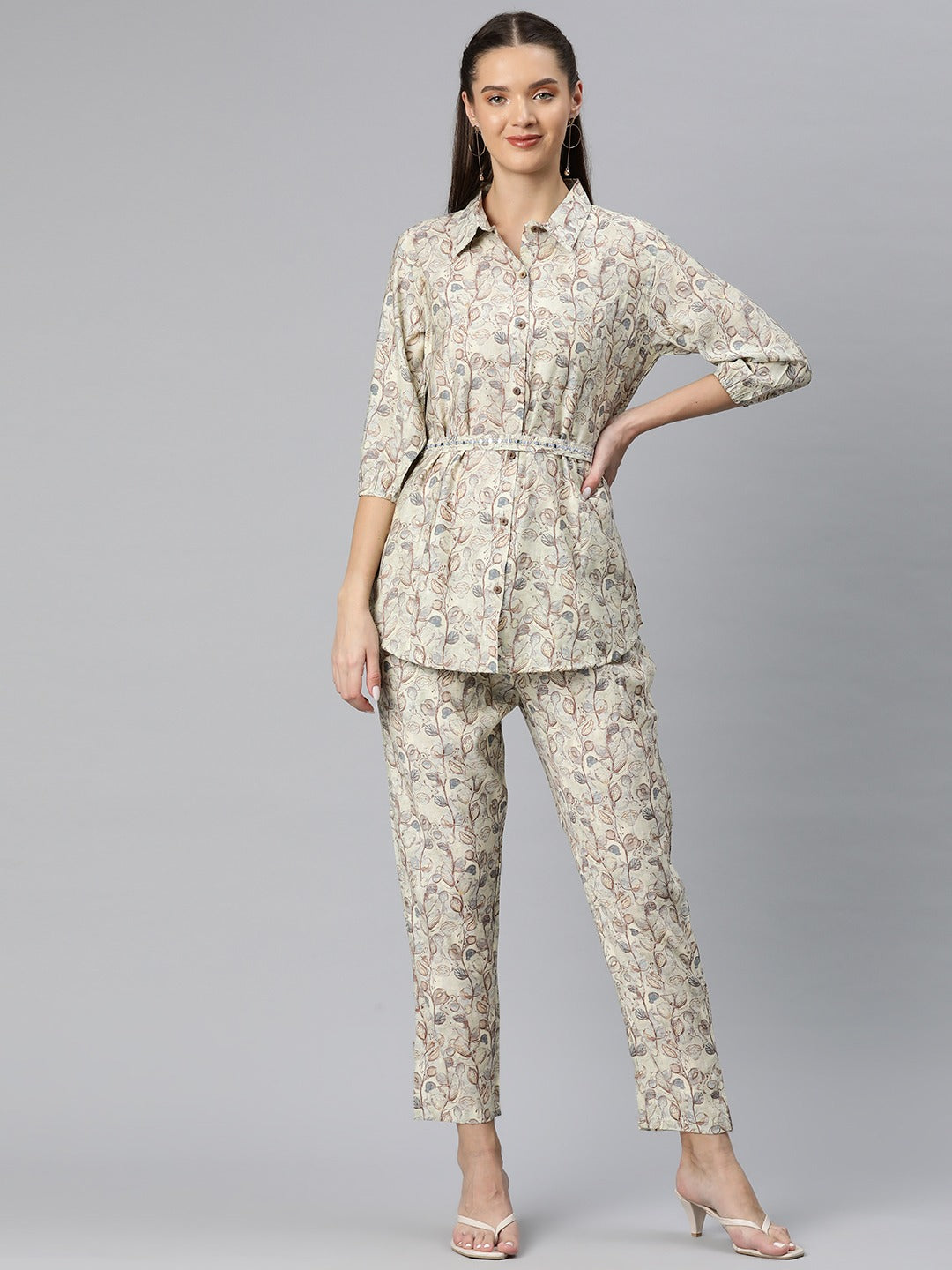 A Line Style Silk Fabric Grey Color Floral Printed Top With Belt And Bottom