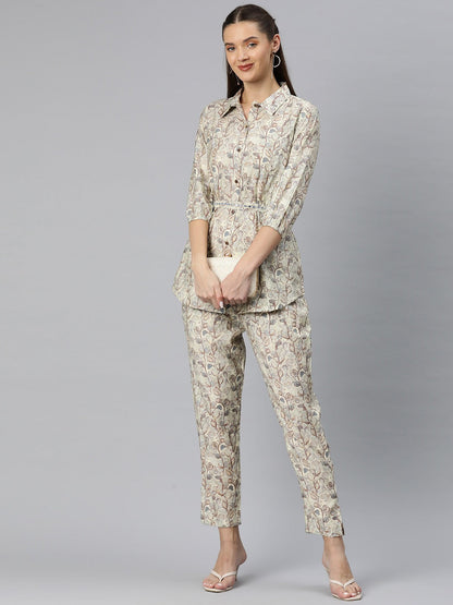 A Line Style Silk Fabric Grey Color Floral Printed Top With Belt And Bottom