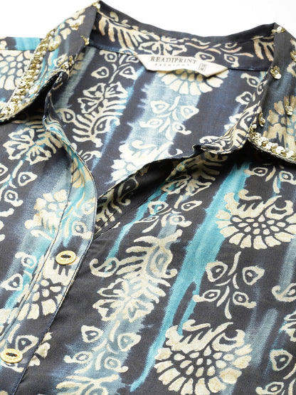 A Line Style Silk Fabric Blue Color Floral Printed Top With Sequin Work And Bottom