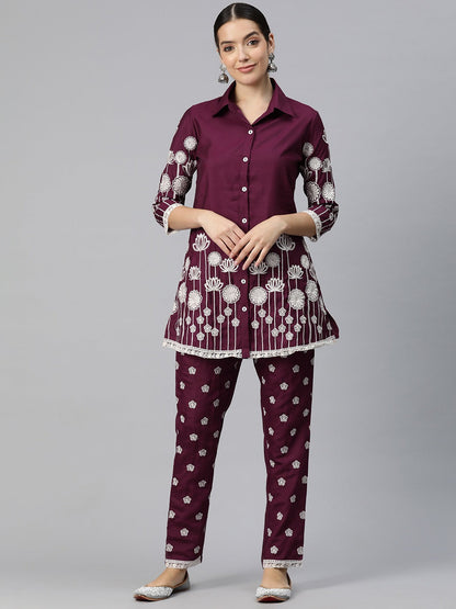 Embroidered, Floral Kurta & Trouser (Burgundy)