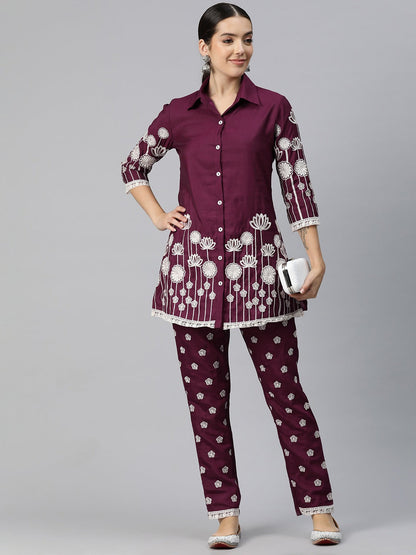 Embroidered, Floral Kurta & Trouser (Burgundy)