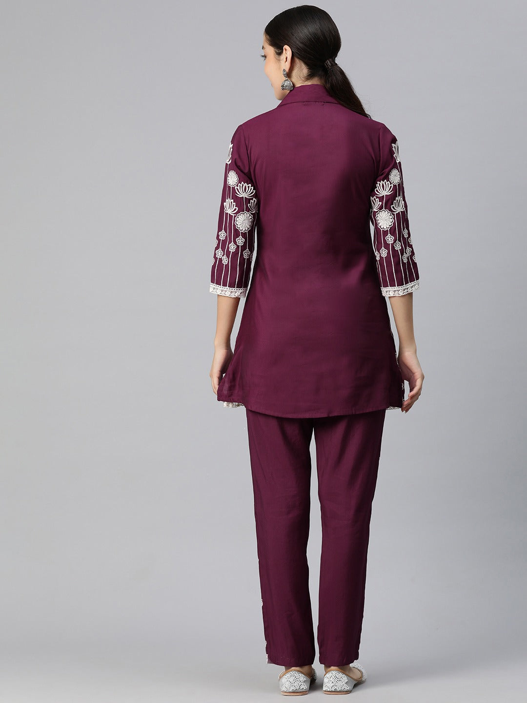 Embroidered, Floral Kurta & Trouser (Burgundy)