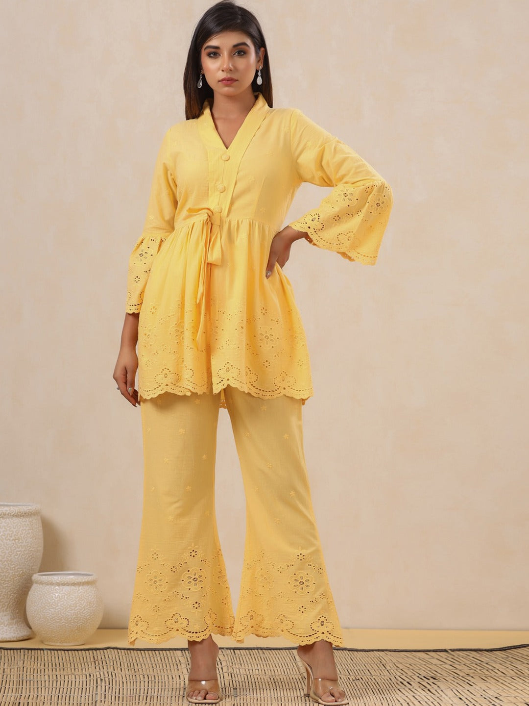 Embroidered Top With Palazzo (Yellow)