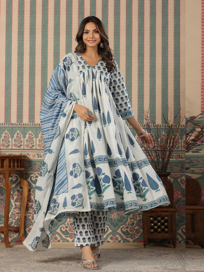 Flared Style Cotton Fabric Blue Color Kurta And Bottom With Dupatta