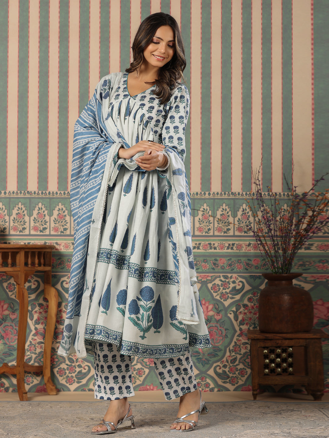 Flared Style Cotton Fabric Blue Color Kurta And Bottom With Dupatta