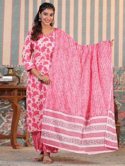 Straight Style Cotton Fabric Pink Color Kurta And Bottom With Dupatta