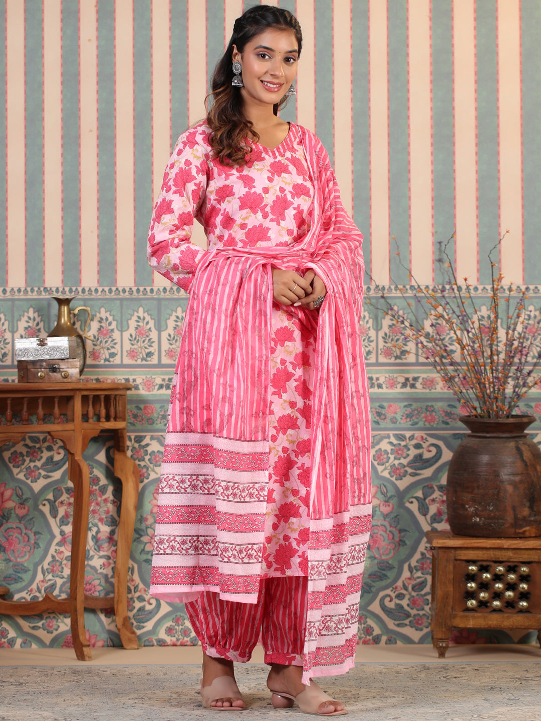 Straight Style Cotton Fabric Pink Color Kurta And Bottom With Dupatta