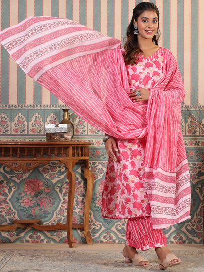 Straight Style Cotton Fabric Pink Color Kurta And Bottom With Dupatta