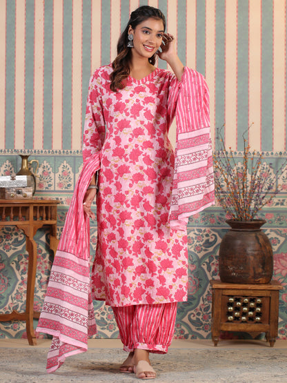 Straight Style Cotton Fabric Pink Color Kurta And Bottom With Dupatta