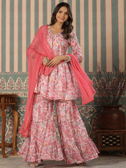 Flared Style Mulmul Cotton Fabric Pink Color Kurta And Sharara With Dupatta