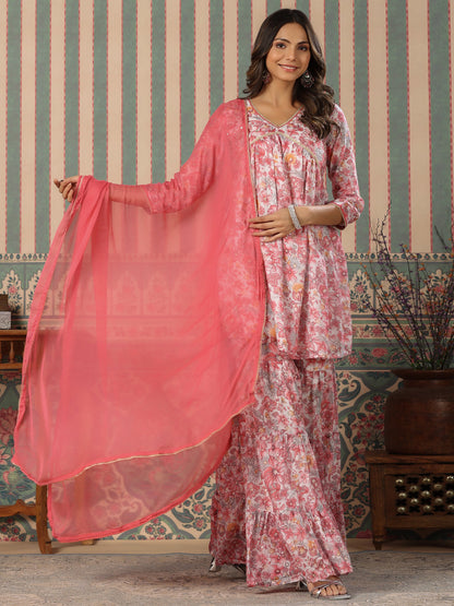 Flared Style Mulmul Cotton Fabric Pink Color Kurta And Sharara With Dupatta