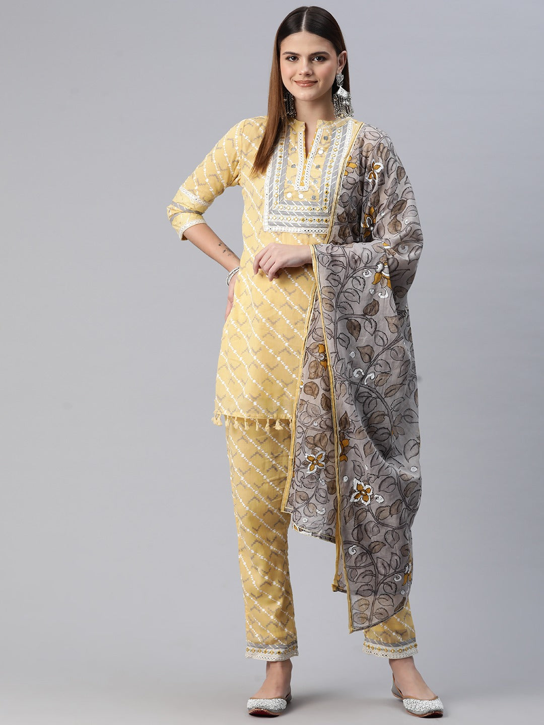 Straight Style Cotton Fabric Yellow Color Kurta And Bottom With Dupatta