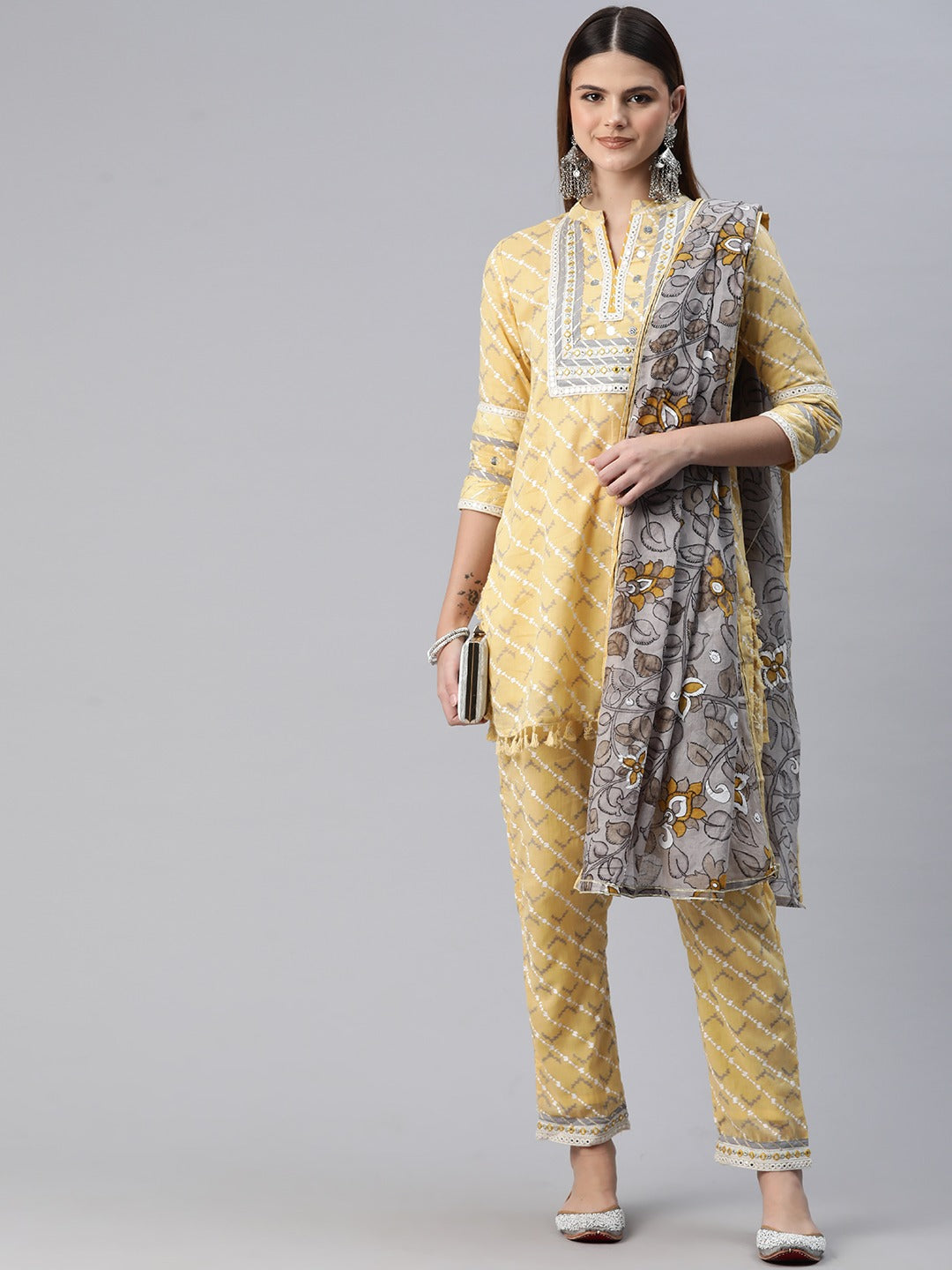 Straight Style Cotton Fabric Yellow Color Kurta And Bottom With Dupatta