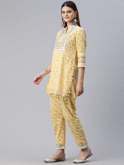 Straight Style Cotton Fabric Yellow Color Kurta And Bottom With Dupatta