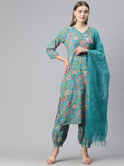 Straight Style Cotton Fabric Sea Green Color Kurta And Bottom With Dupatta