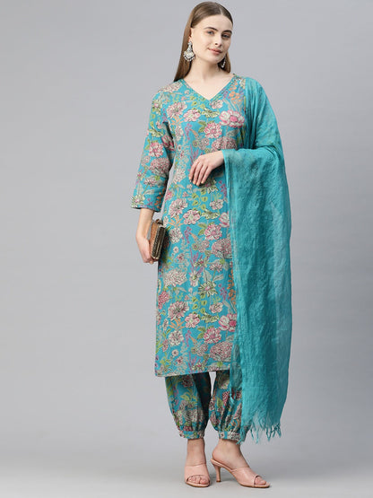 Straight Style Cotton Fabric Sea Green Color Kurta And Bottom With Dupatta