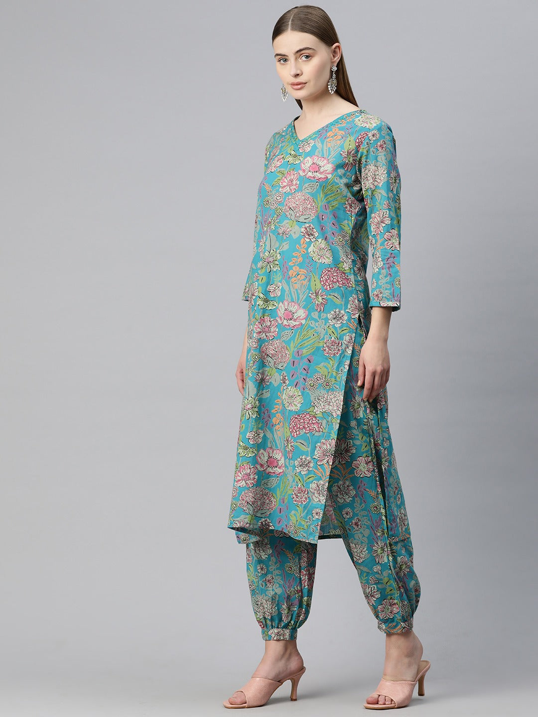 Straight Style Cotton Fabric Sea Green Color Kurta And Bottom With Dupatta