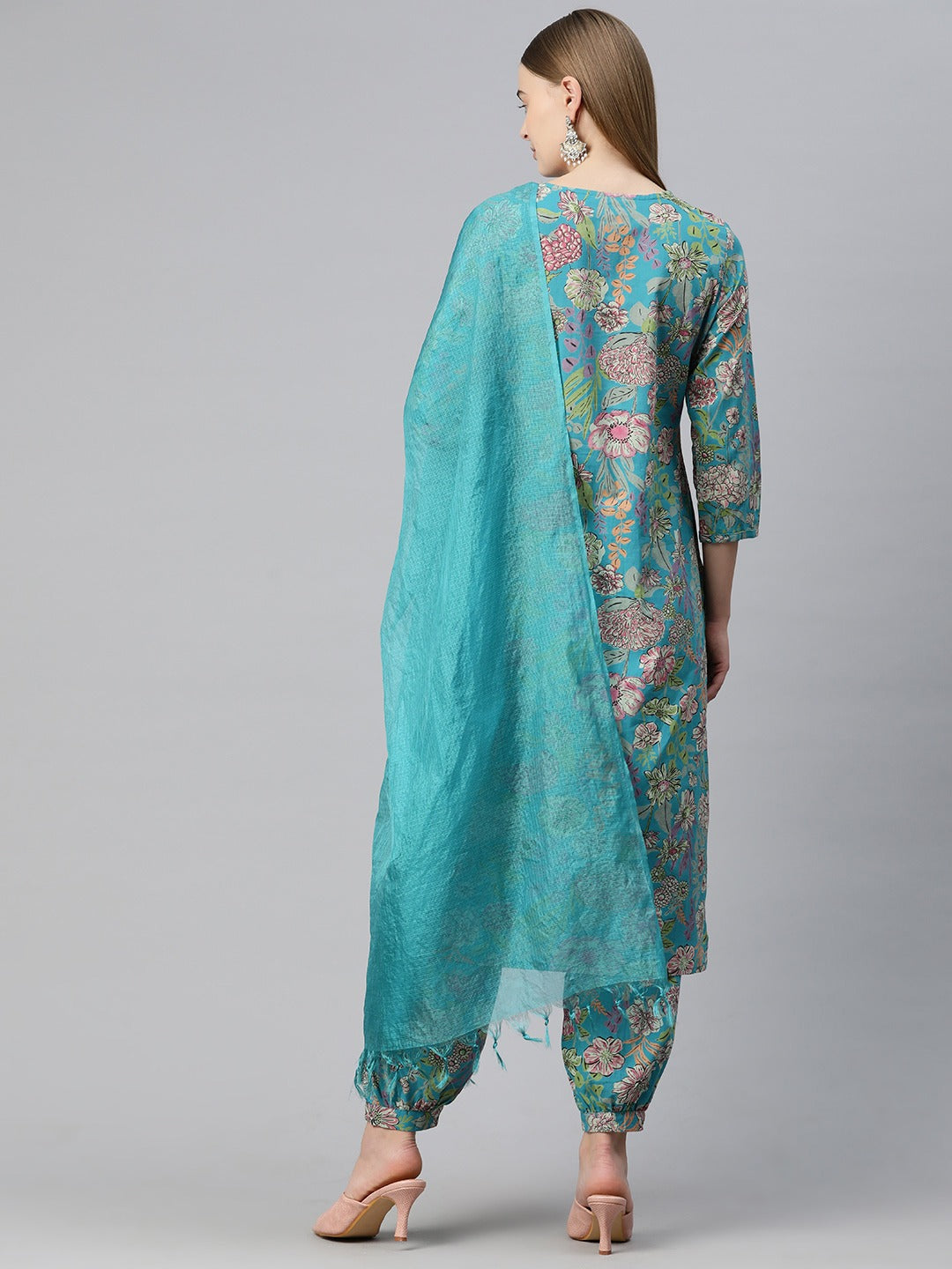 Straight Style Cotton Fabric Sea Green Color Kurta And Bottom With Dupatta