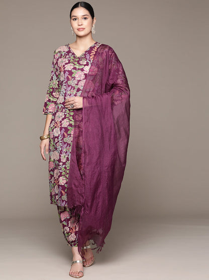 Straight Style Cotton Fabric Purple Color Kurta And Bottom With Dupatta