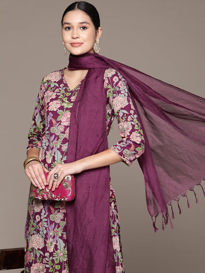 Straight Style Cotton Fabric Purple Color Kurta And Bottom With Dupatta