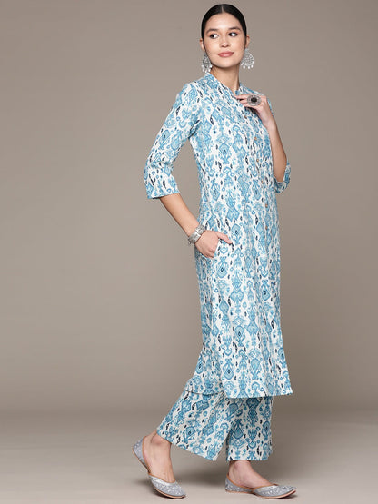 A Line Style Cotton Fabric Blue Color Kurta With Bottom