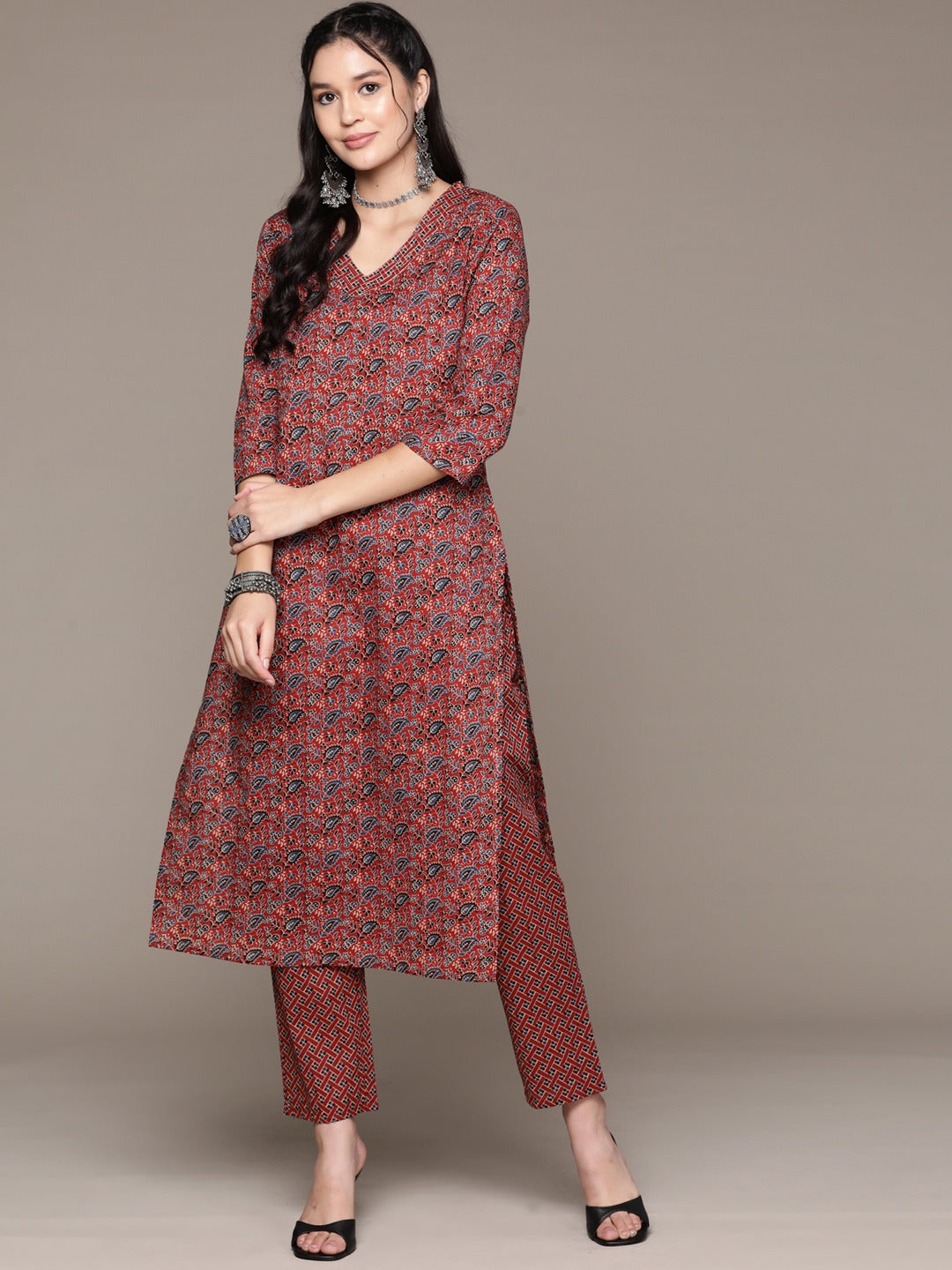 Straight Style Cotton Fabric Red Color Kurta With Bottom