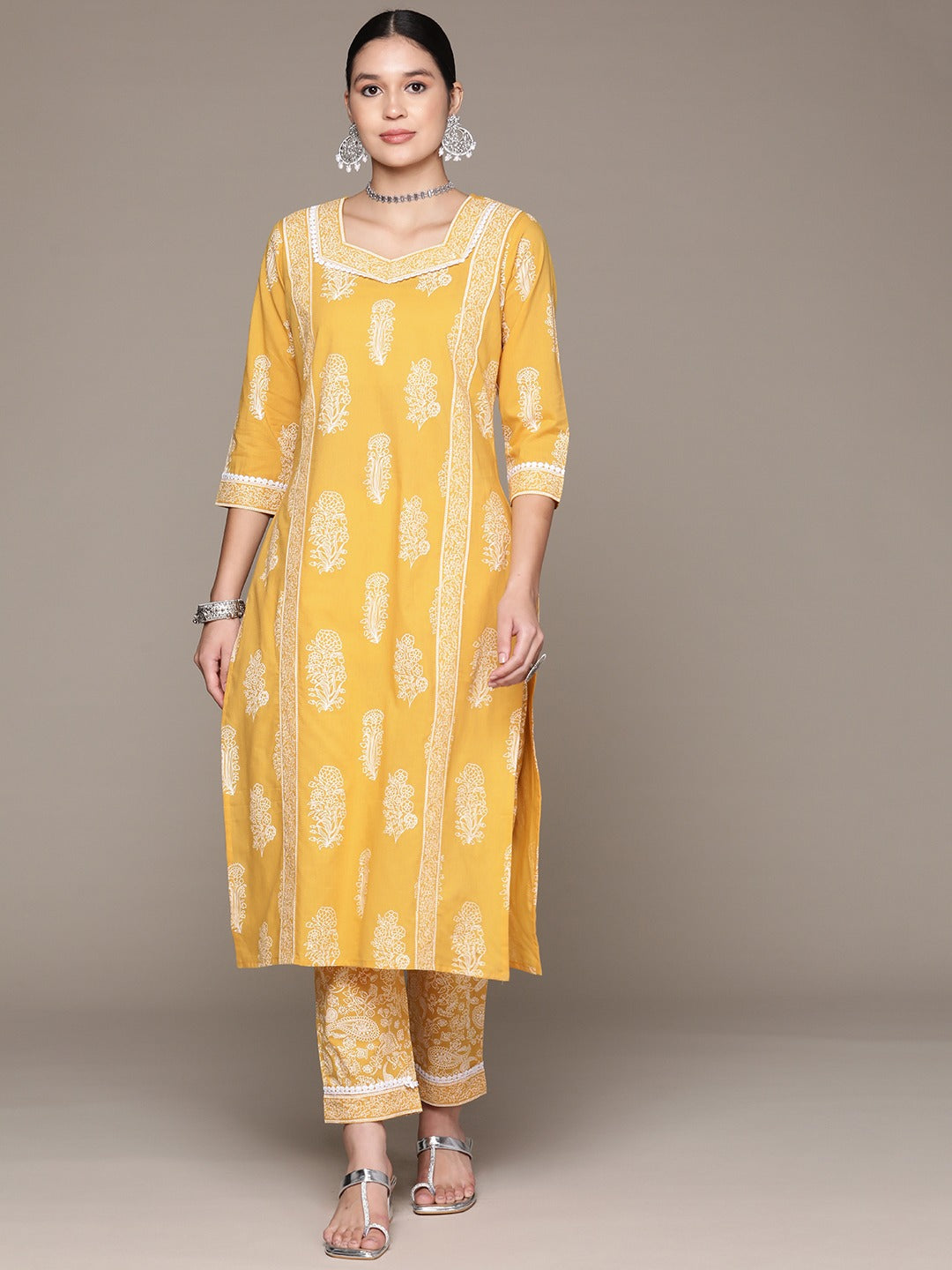 Straight Style Cotton Fabric Yellow Color Kurta With Bottom