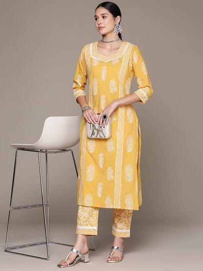 Straight Style Cotton Fabric Yellow Color Kurta With Bottom