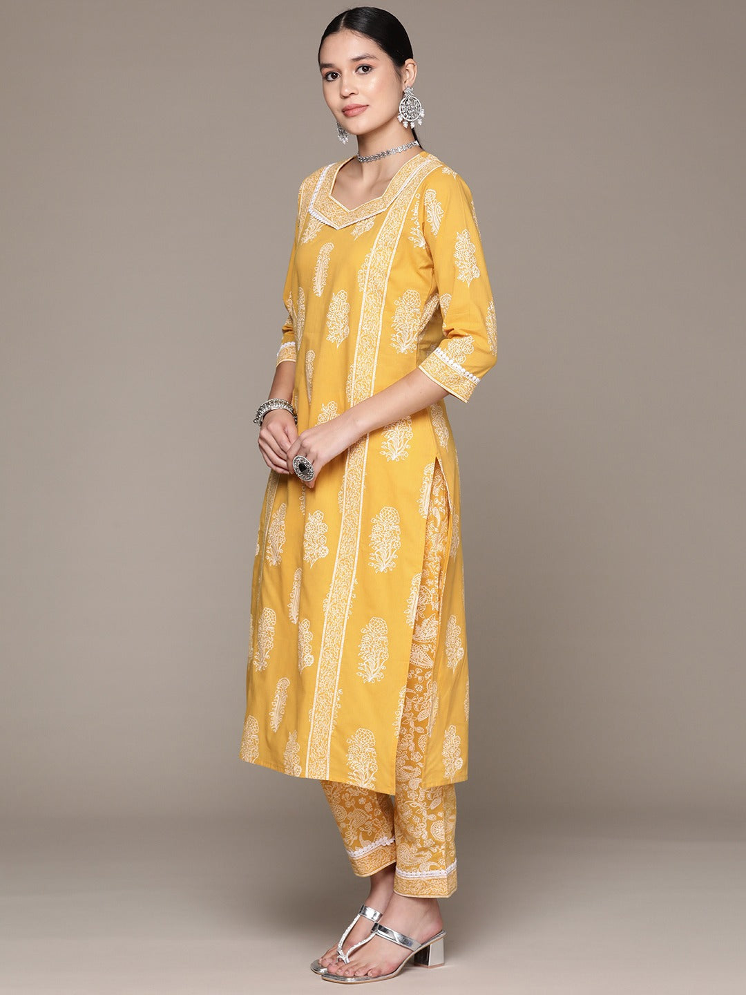 Straight Style Cotton Fabric Yellow Color Kurta With Bottom