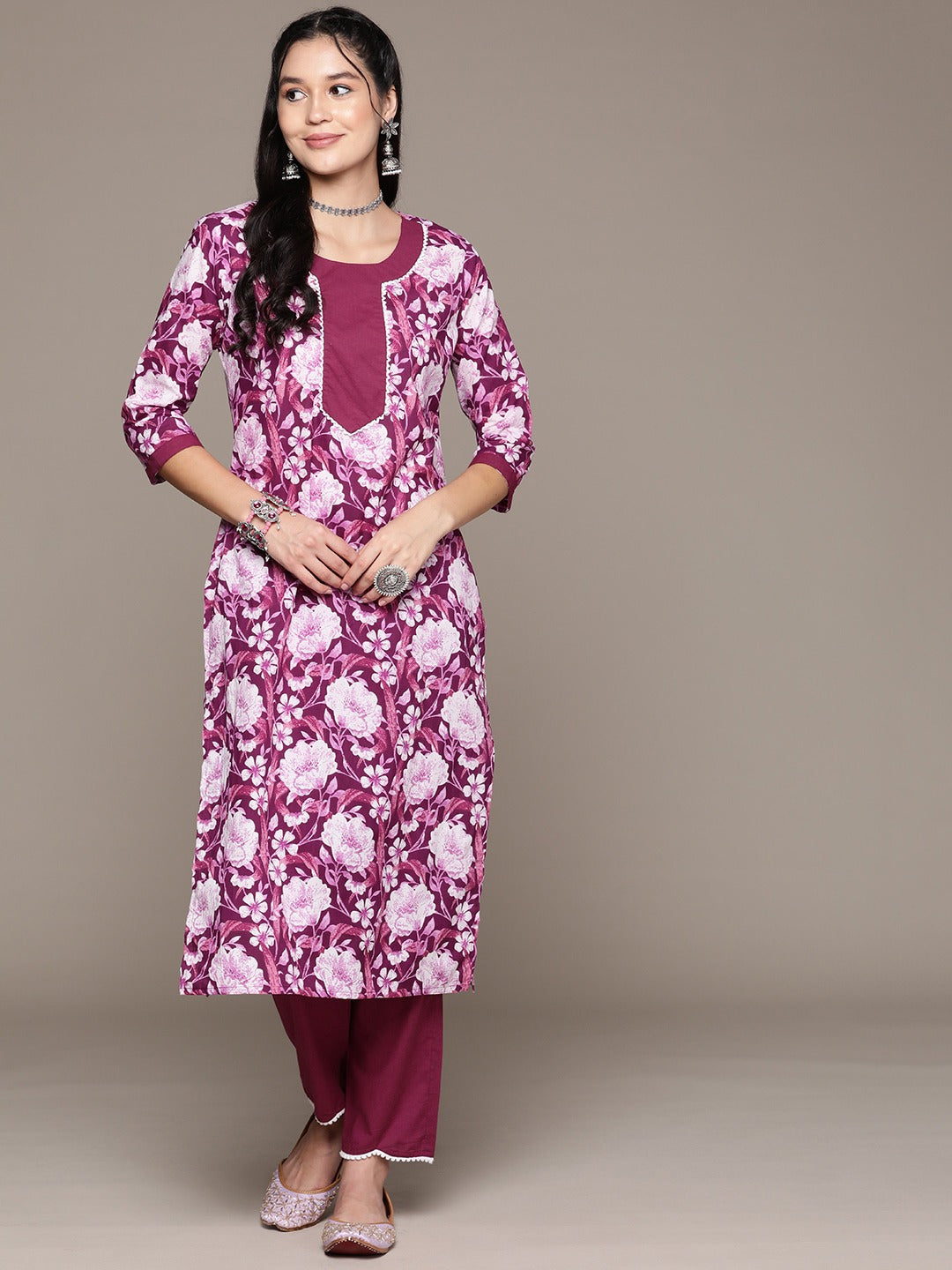 Straight Style Cotton Fabric Violet Color Kurta With Bottom