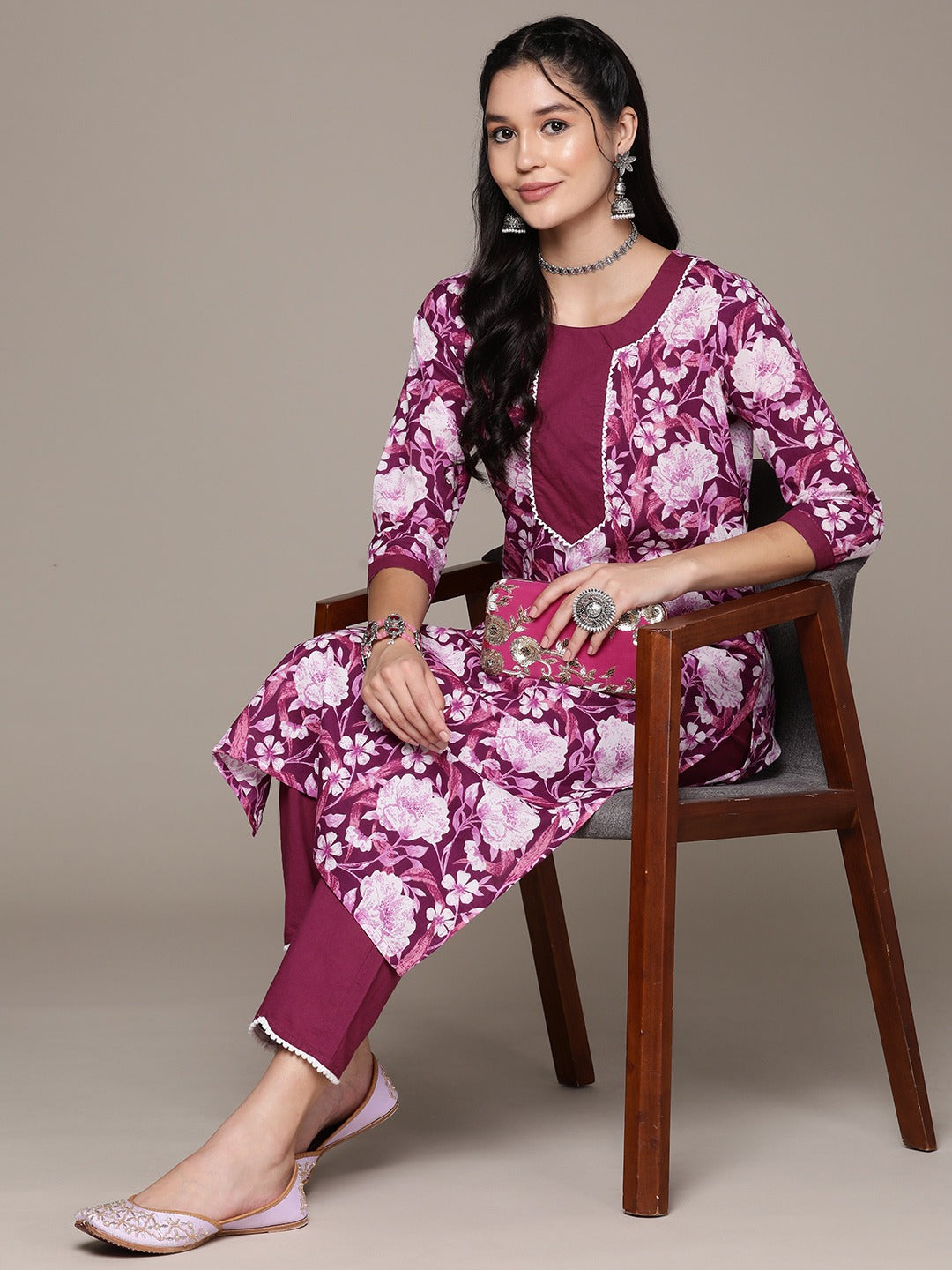 Straight Style Cotton Fabric Violet Color Kurta With Bottom