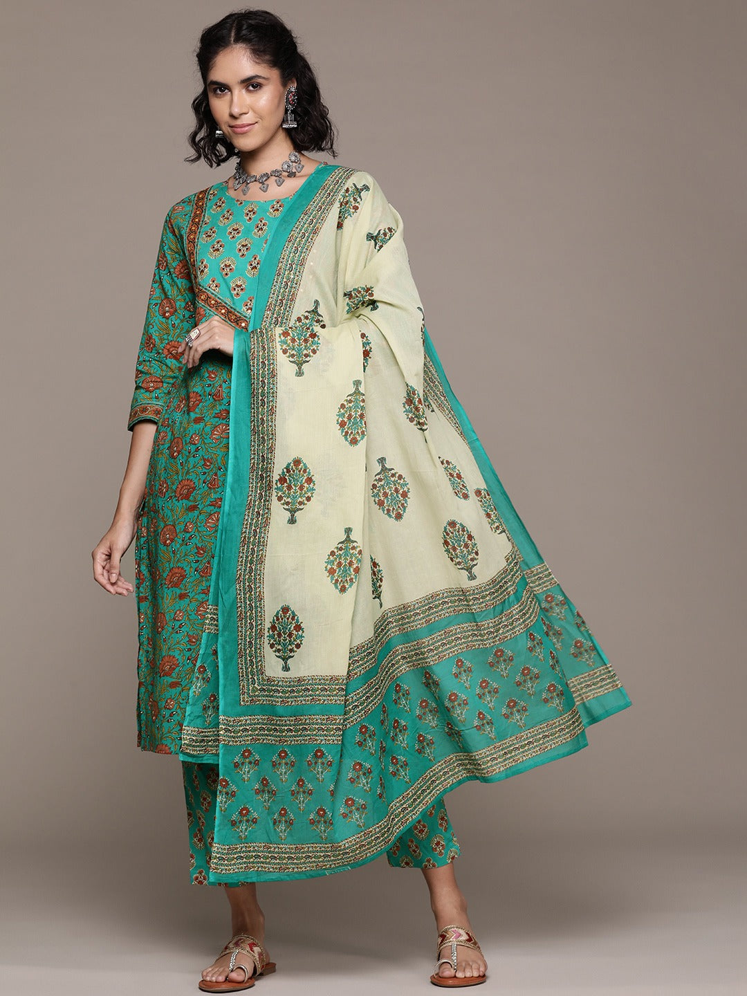 Straight style cotton fabric Sea Green color kurta with Bottom and dupatta