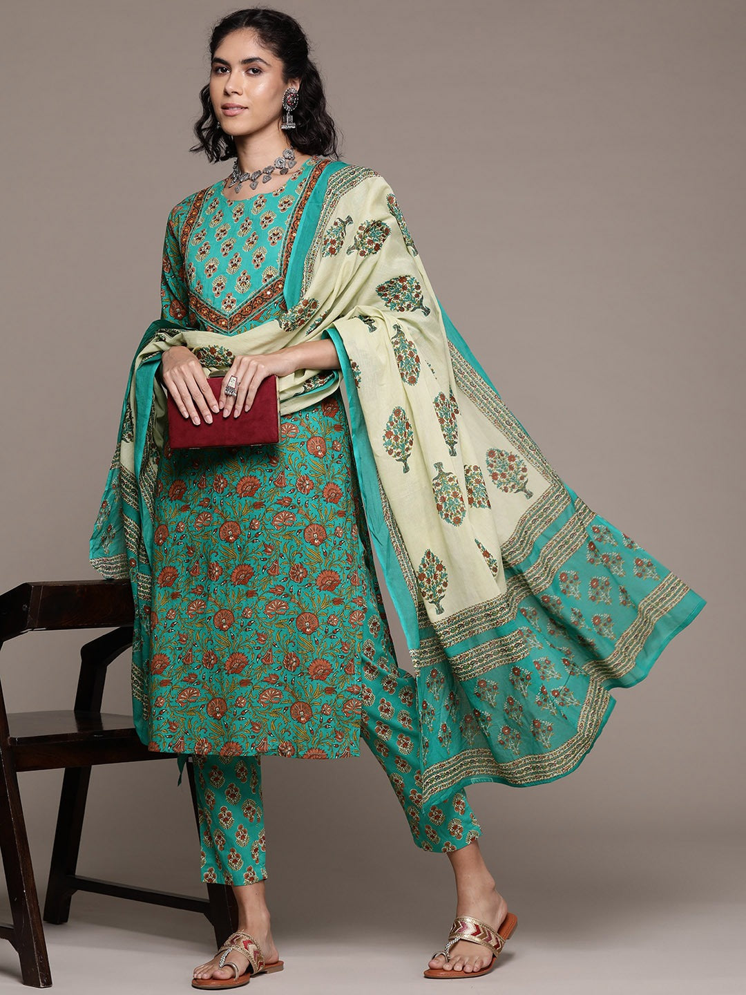 Straight style cotton fabric Sea Green color kurta with Bottom and dupatta