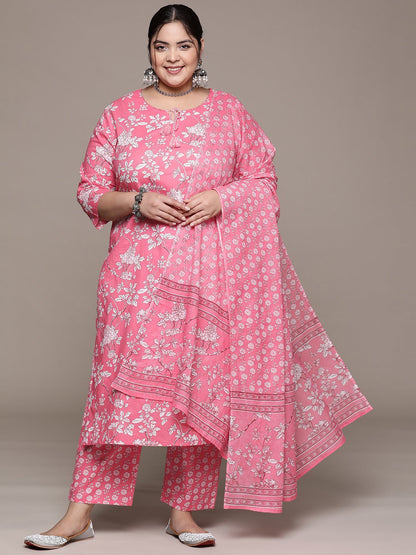 Plus Size Straight style cotton fabric Pink color kurta with Bottom and Dupatta