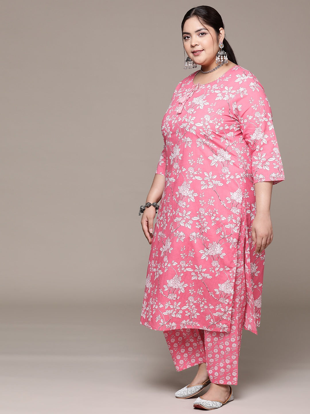 Plus Size Straight style cotton fabric Pink color kurta with Bottom and Dupatta