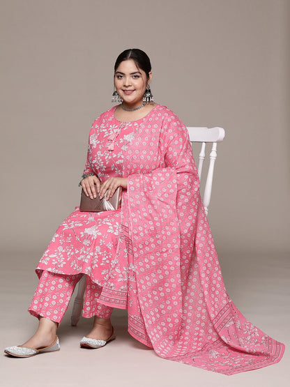 Plus Size Straight style cotton fabric Pink color kurta with Bottom and Dupatta