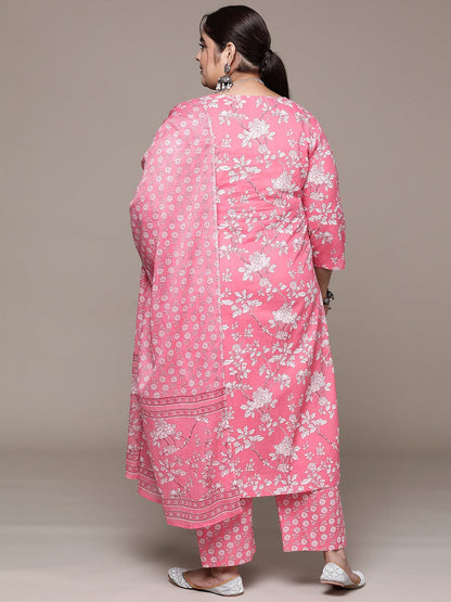 Plus Size Straight style cotton fabric Pink color kurta with Bottom and Dupatta