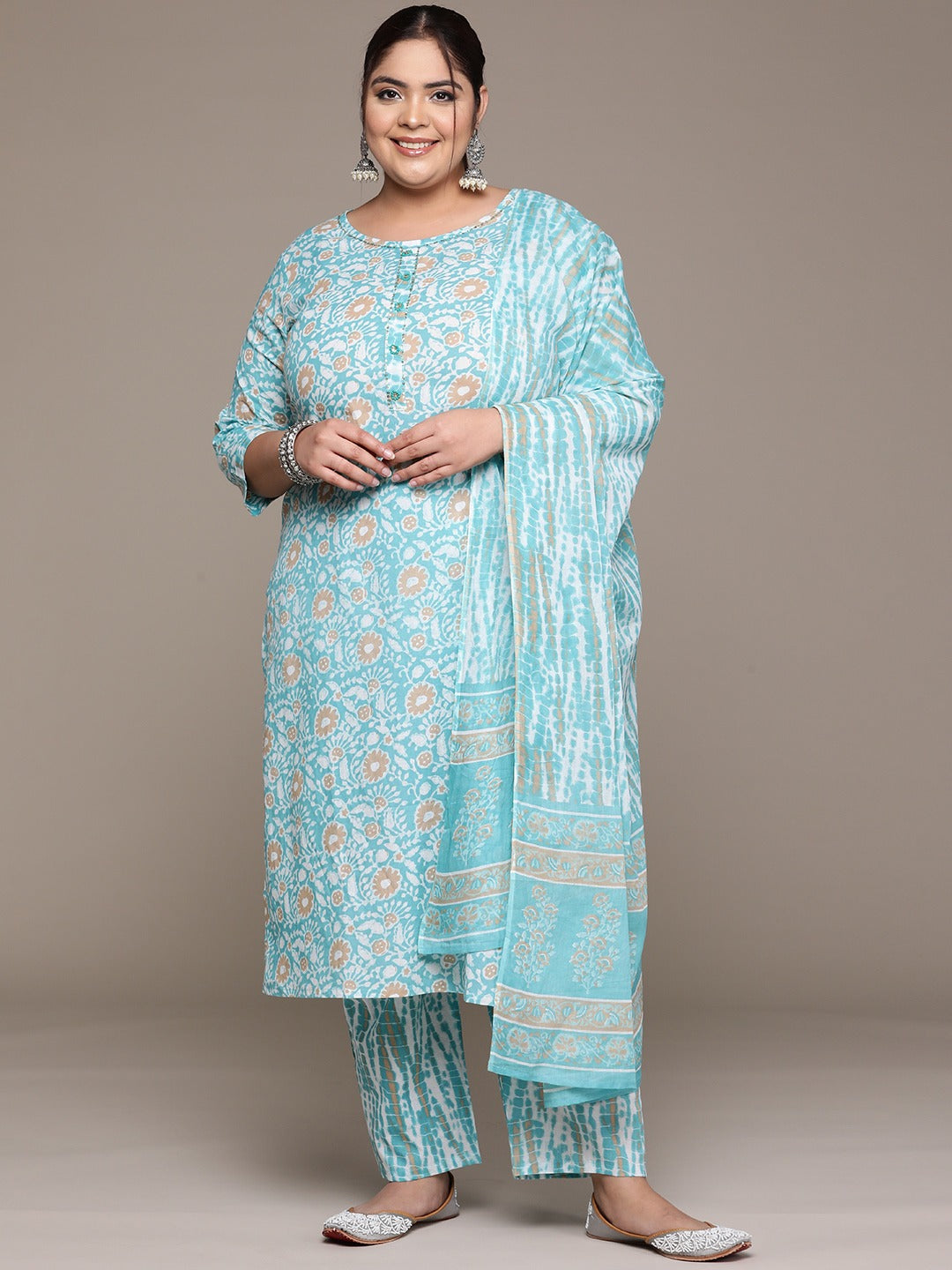 Plus Size Straight style cotton fabric Blue color kurta with Bottom and Dupatta