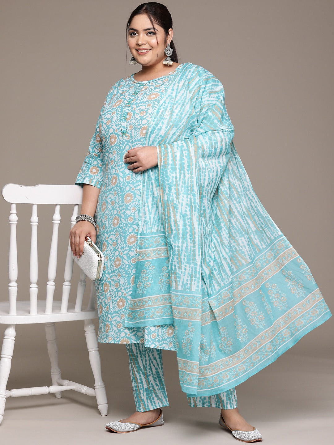 Plus Size Straight style cotton fabric Blue color kurta with Bottom and Dupatta