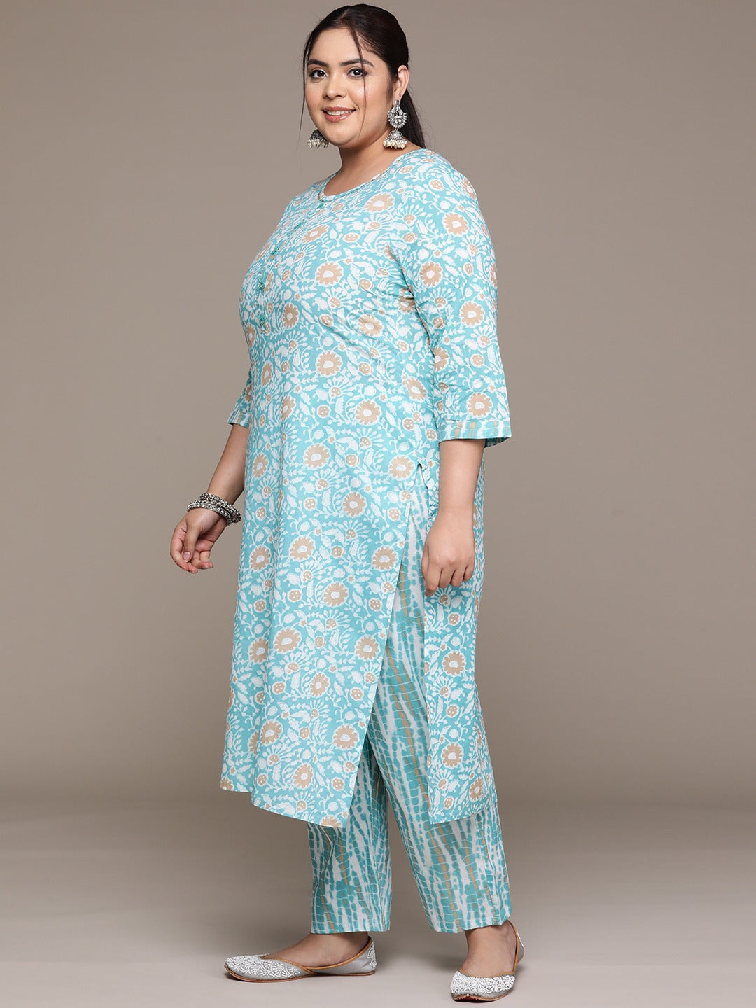 Plus Size Straight style cotton fabric Blue color kurta with Bottom and Dupatta