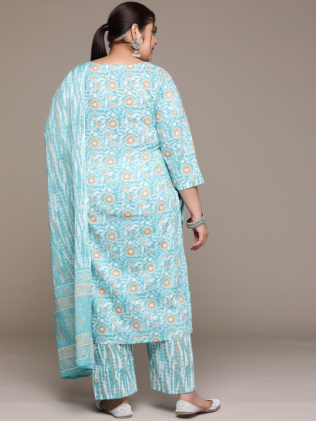 Plus Size Straight style cotton fabric Blue color kurta with Bottom and Dupatta