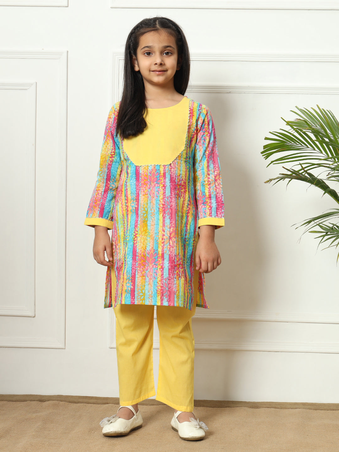 Straight style Cotton fabric Yellow color Kurti with Bottom