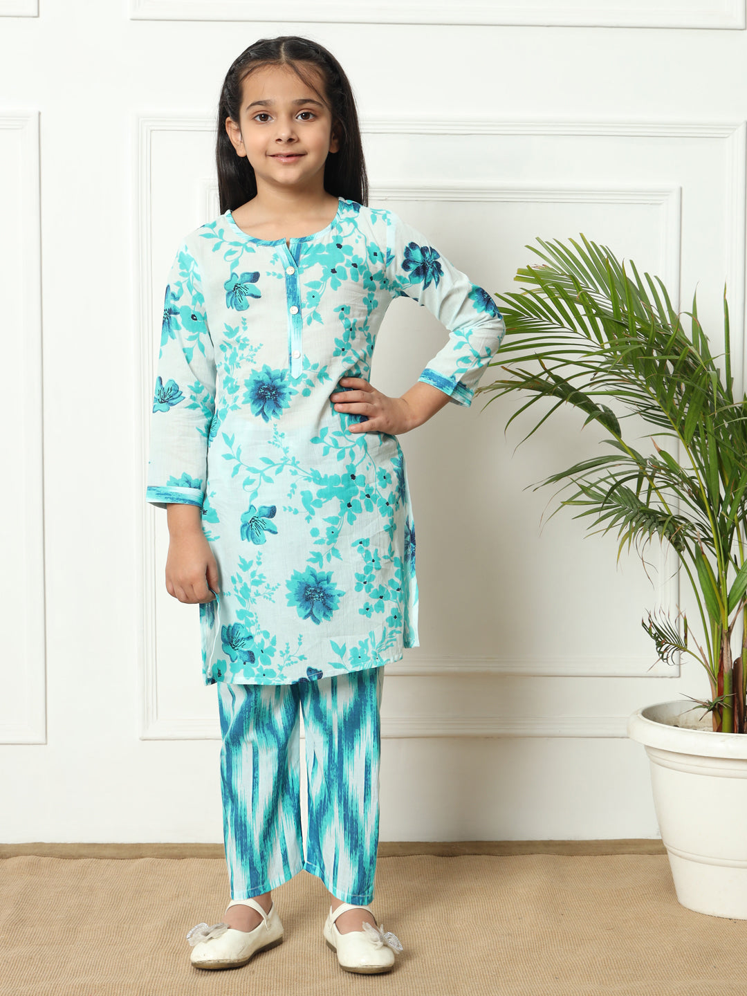 Straight style Cotton fabric Turquoise Blue color Kurti with Bottom