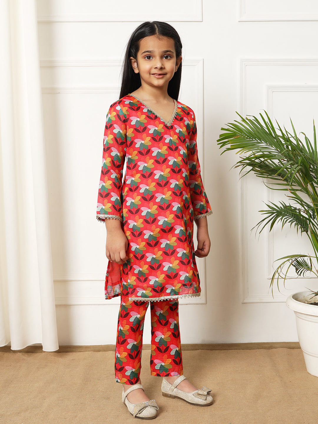 Straight style Kota doria fabric Red color Kurti with Bottom